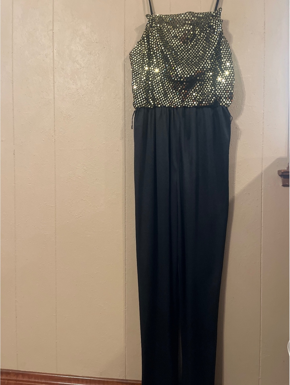 Black and Gold Sequin Spaghetti Strap Jumpsuit